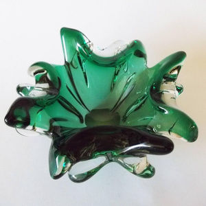 Vintage Murano Glass Bowl Crystal & Emerald Green